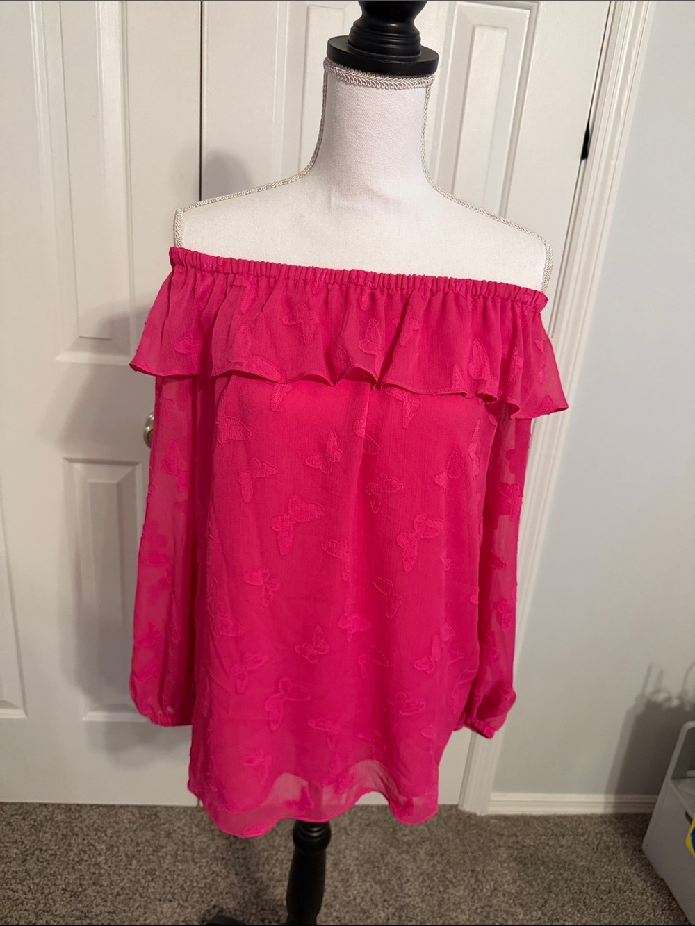 Michael Kors Off-Shoulder Hot Pink Butterfly Ruffle Tunic